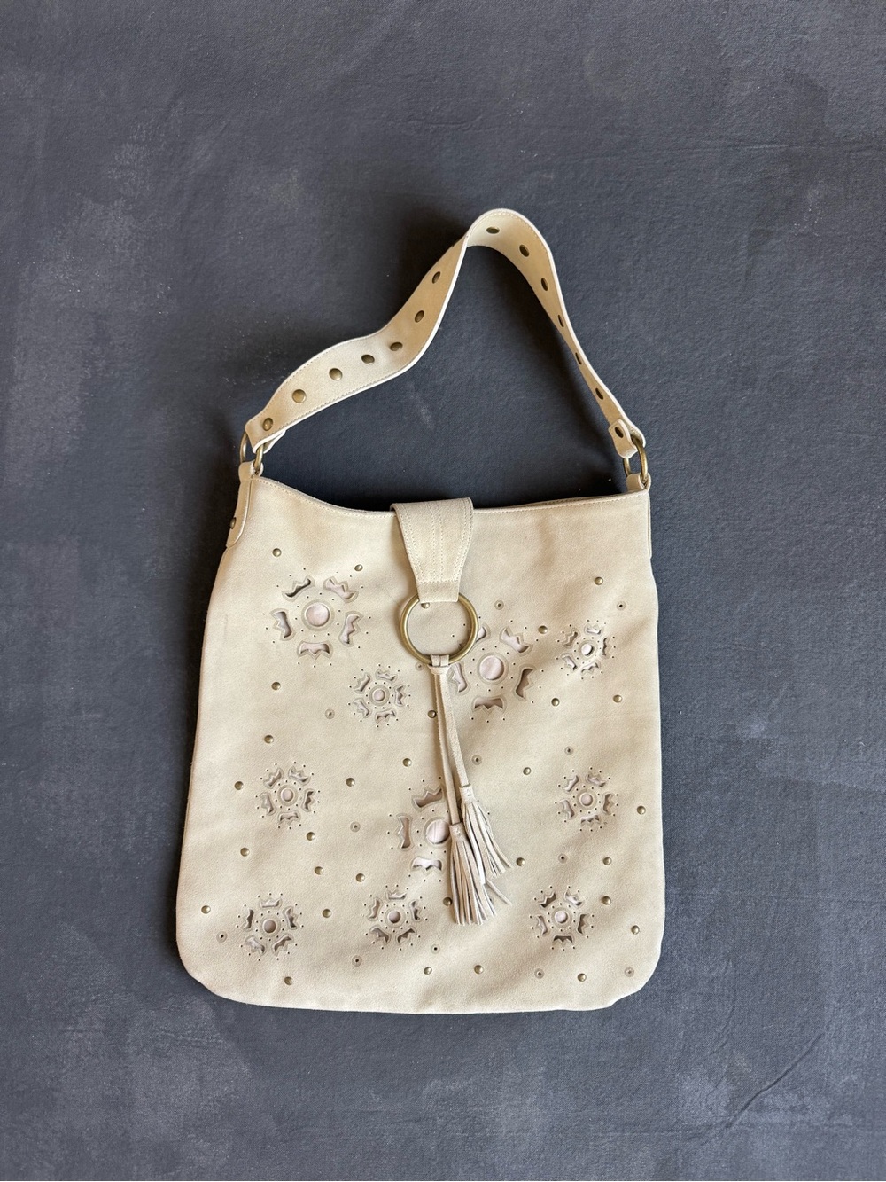 Express Cream Suede Tote with Tassel Ring Accent